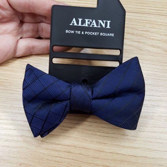 ALFANI Mens Bow Tie Blue Plaid Check Textured Adjustable Pre-Tied - Picture 1 of 4